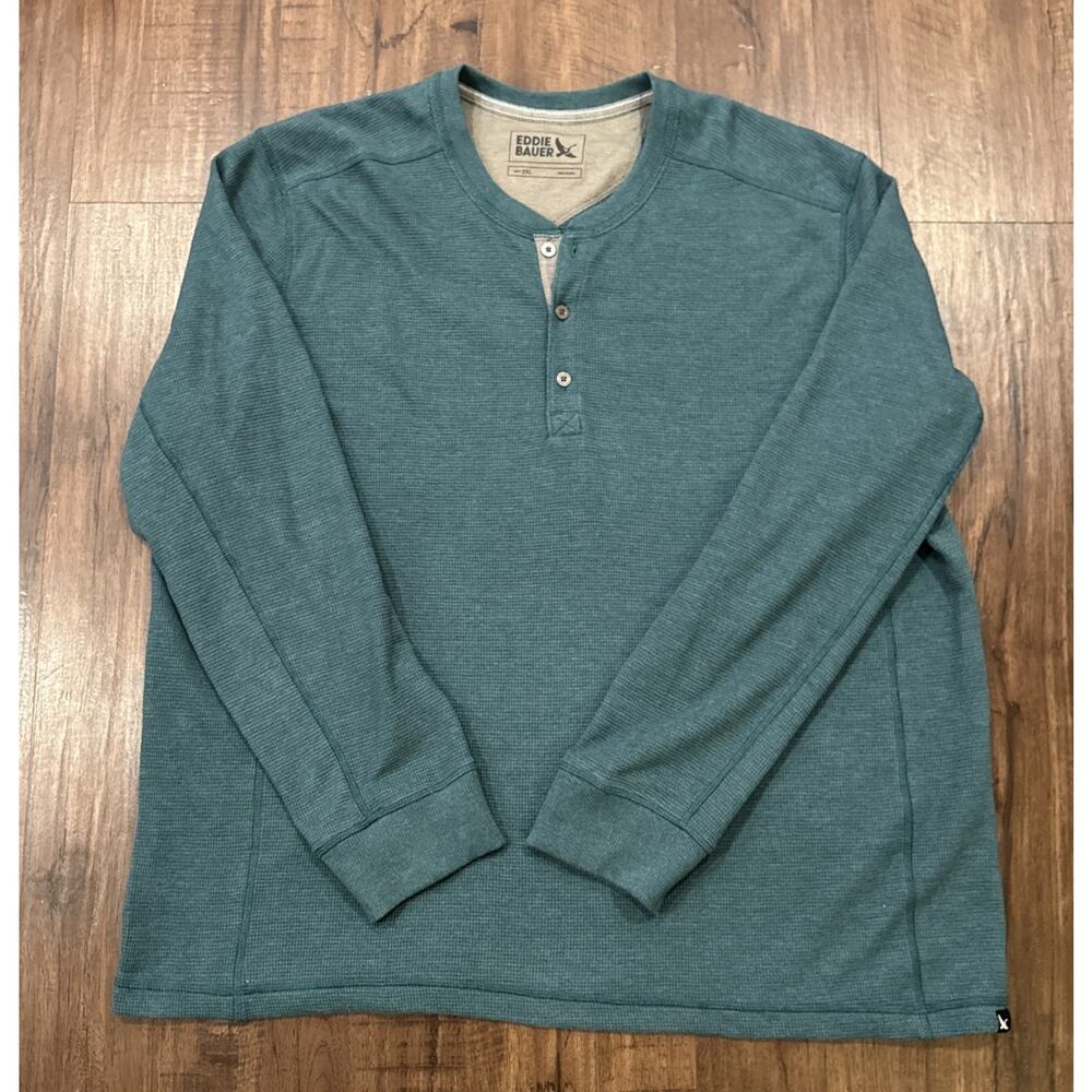 Eddie Bauer Shirt Mens XXL Green Thermal Henley Top Long Sleeve Cozy